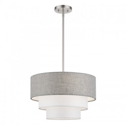 Livex Lighting Brookmeade 3 Light Brushed Nickel Pendant Chandelier with Hand Crafted Urban Gray and White Fabric Hardback Shades 60015-91