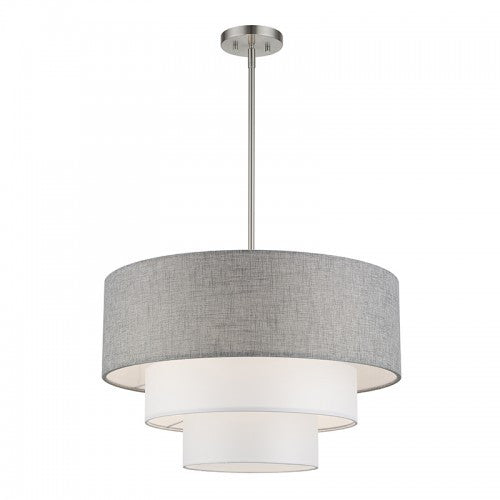 Livex Lighting Brookmeade 4 Light Brushed Nickel Pendant Chandelier with Hand Crafted Urban Gray and White Fabric Hardback Shades 60016-91