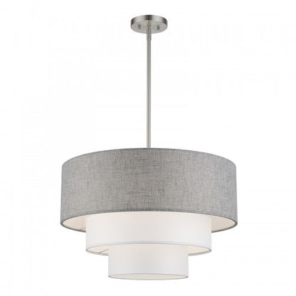 Livex Lighting Brookmeade 4 Light Brushed Nickel Pendant Chandelier with Hand Crafted Urban Gray and White Fabric Hardback Shades 60016-91