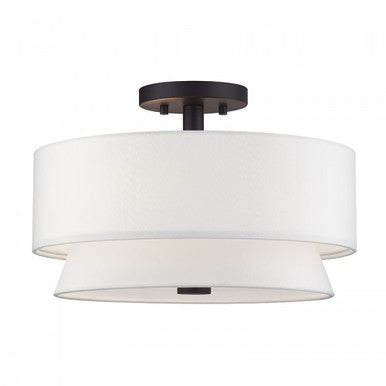 Livex Lighting Fontana 3 Light Bronze Large Semi-Flush with Hand Crafted Off-White Fabric Hardback Shades 60026-07