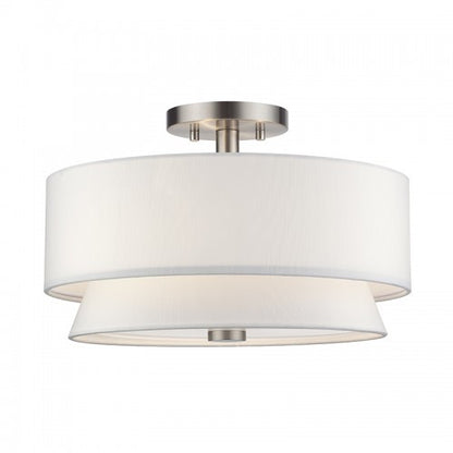 Livex Lighting Fontana 3 Light Brushed Nickel Large Semi-Flush with Hand Crafted Off-White Fabric Hardback Shades 60026-91