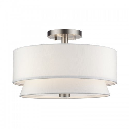 Livex Lighting Fontana 3 Light Brushed Nickel Large Semi-Flush with Hand Crafted Off-White Fabric Hardback Shades 60026-91