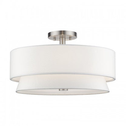 Livex Lighting Fontana 4 Light Brushed Nickel Large Semi-Flush with Hand Crafted Off-White Fabric Hardback Shades 60027-91