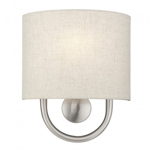 Livex Lighting Stratton 1 Light Brushed Nickel ADA Sconce with Hand Crafted Oatmeal Fabric Shade with White Fabric Inside 60271-91