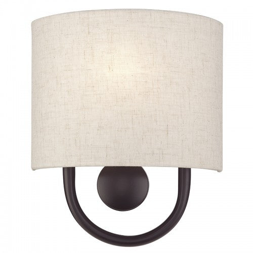 Livex Lighting Stratton 1 Light English Bronze ADA Sconce with Hand Crafted Oatmeal Fabric Shade with White Fabric Inside 60271-92