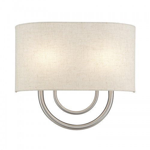 Livex Lighting Stratton 2 Light Brushed Nickel ADA Sconce with Hand Crafted Oatmeal Fabric Shade with White Fabric Inside 60272-91