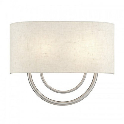 Livex Lighting Stratton 2 Light Brushed Nickel Large ADA Sconce with Hand Crafted Oatmeal Fabric Shade with White Fabric Inside 60273-91