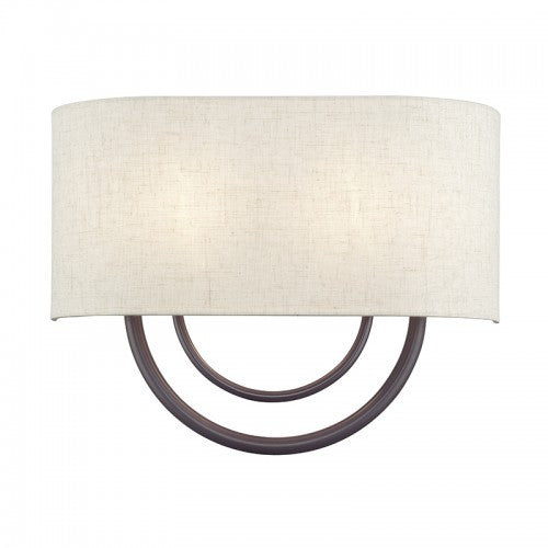 Livex Lighting Stratton 2 Light English Bronze Large ADA Sconce with Hand Crafted Oatmeal Fabric Shade with White Fabric Inside 60273-92