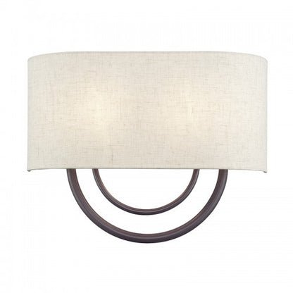 Livex Lighting Stratton 2 Light English Bronze Large ADA Sconce with Hand Crafted Oatmeal Fabric Shade with White Fabric Inside 60273-92