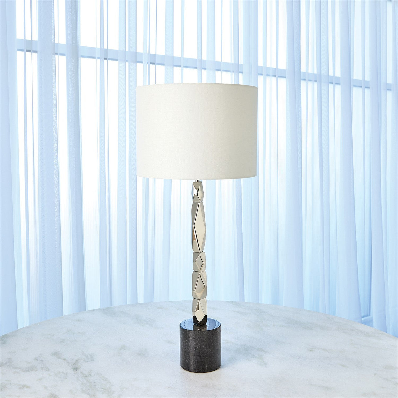 Global Views Facet Block Table Lamp in Nickel in Short RT9.90026