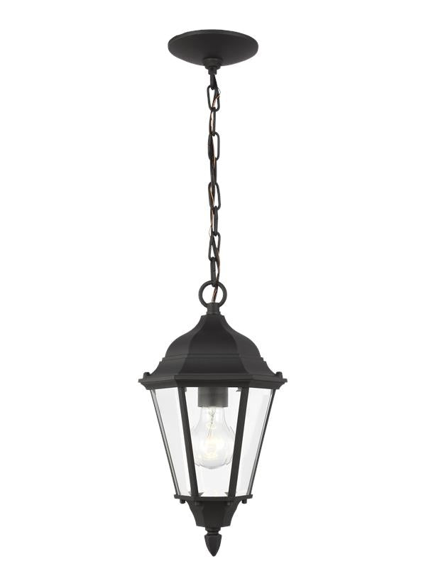 Generation Lighting Bakersville traditional 1-light outdoor exterior pendant in black finish with clear beveled glass panels 60938-12