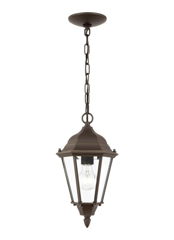 Generation Lighting Bakersville traditional 1-light outdoor exterior pendant in antique bronze finish with clear beveled glass panels 60938-71