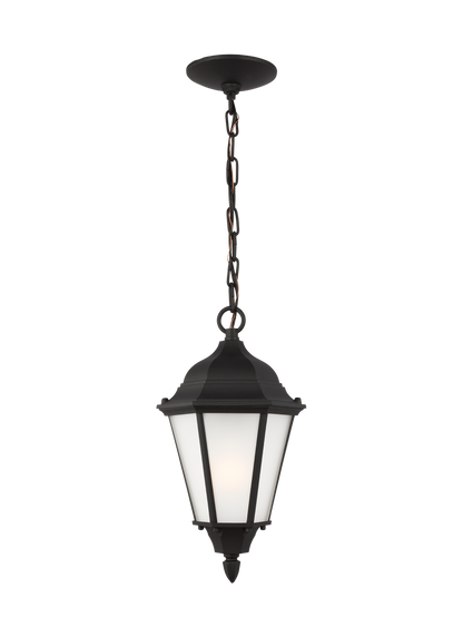 Generation Lighting Bakersville traditional 1-light LED outdoor exterior pendant in black finish with satin etched glass panels 60941EN3-12