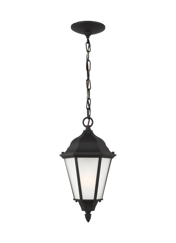 Generation Lighting Bakersville traditional 1-light LED outdoor exterior pendant in black finish with satin etched glass panels 60941EN3-12