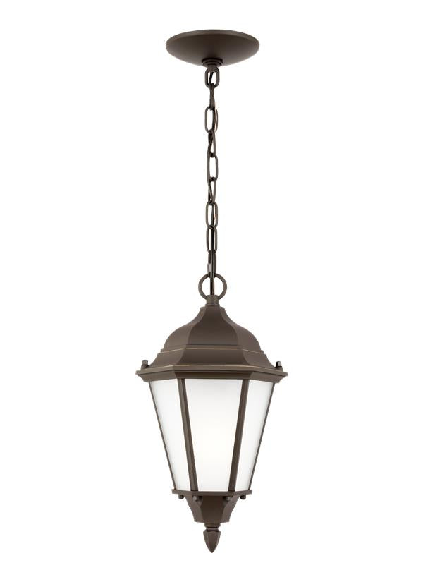 Generation Lighting Bakersville traditional 1-light LED outdoor exterior pendant in antique bronze finish with satin etched glass panels 60941EN3-71