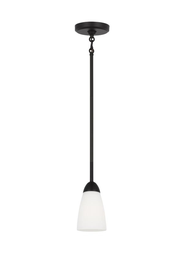 Generation Lighting Sean Lavin Seville 1-light ceiling pendant in brushed steel silver with etched white glass shade 6120201-112