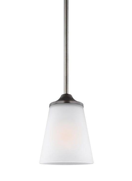 Generation Lighting Hanford traditional 1-light indoor dimmable ceiling hanging single pendant light in bronze finish with satin etched glass shade 6124501-710