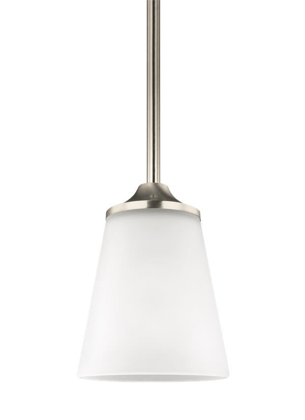 Generation Lighting Hanford traditional 1-light LED indoor dimmable ceiling hanging single pendant light in brushed nickel silver finish with satin etched glass shade 6124501EN3-962