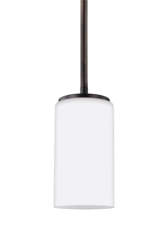 Generation Lighting Hettinger transitional 1-light LED indoor dimmable ceiling hanging single pendant light in bronze finish with etched white inside glass shade 6124601EN3-710