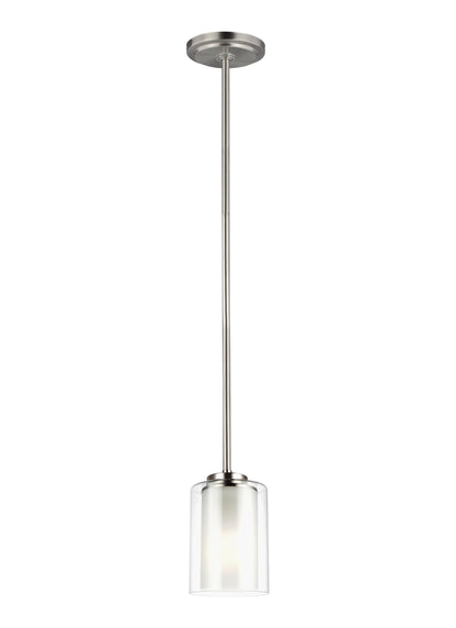 Generation Lighting Elmwood Park traditional 1-light LED indoor dimmable ceiling hanging single pendant light in brushed nickel silver finish with satin etched glass shade and clear glass shade 6137301EN3-962