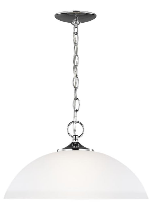 Generation Lighting Geary transitional 1-light indoor dimmable ceiling hanging single pendant light in chrome silver finish with satin etched glass shade 6516501-05