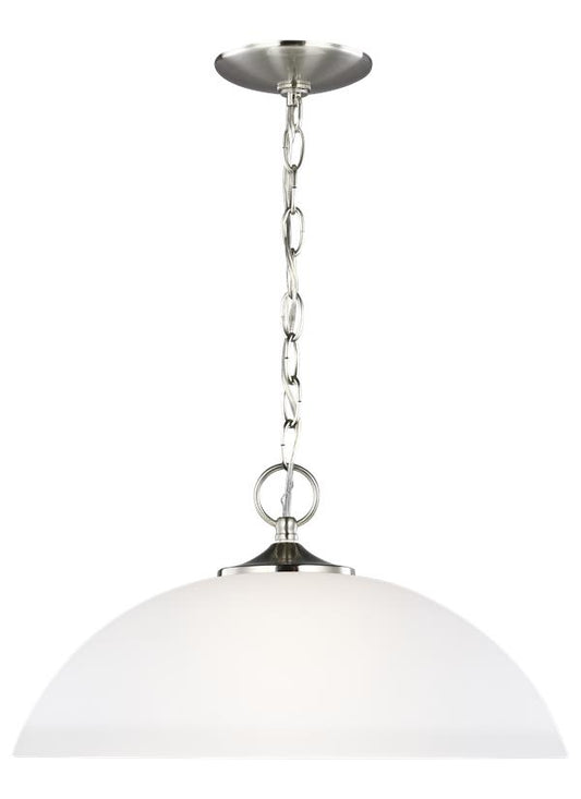 Generation Lighting Geary transitional 1-light indoor dimmable ceiling hanging single pendant light in brushed nickel silver finish with satin etched glass shade 6516501-962