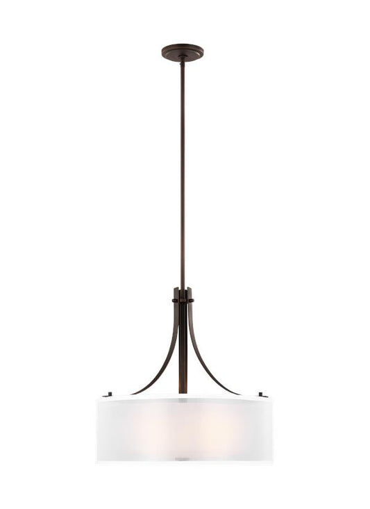 Generation Lighting Elmwood Park traditional 3-light LED indoor dimmable ceiling pendant hanging chandelier pendant light in bronze finish with satin etched glass shade and off white organza silk shade 6537303EN3-710