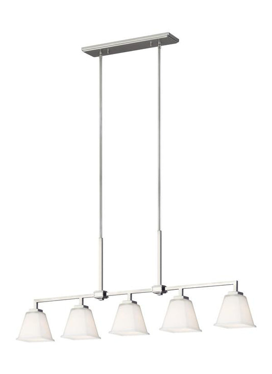 Generation Lighting Ellis Harper classic 5-light indoor dimmable linear ceiling chandelier pendant light in brushed nickel silver finish with etched white inside glass shades 6613705-962