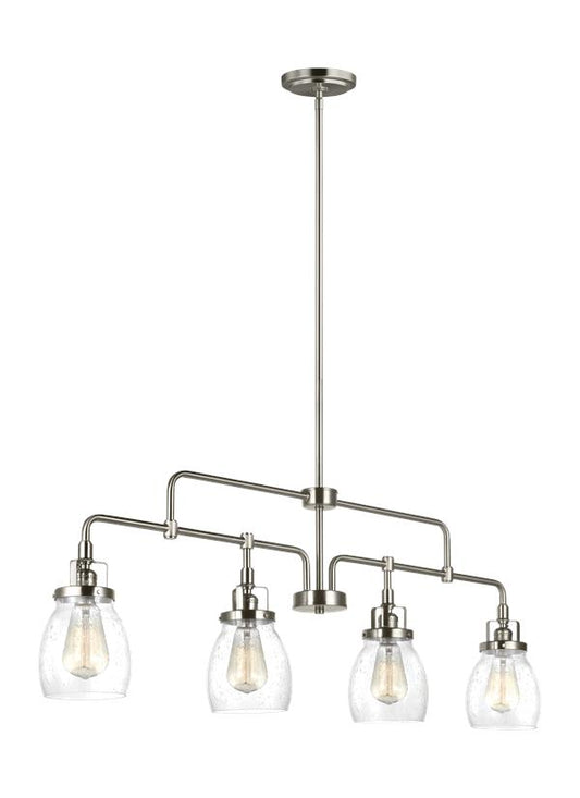 Generation Lighting Belton transitional 4-light indoor dimmable linear ceiling chandelier pendant light in brushed nickel silver finish with clear seeded glass shades 6614504-962