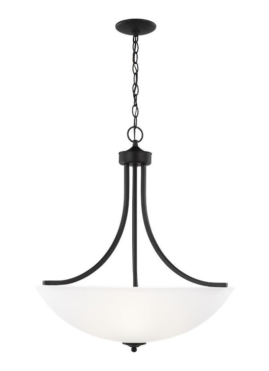 Generation Lighting Geary transitional 4-light indoor dimmable ceiling pendant hanging chandelier pendant light in midnight black finish with satin etched glass shade 6616504-112