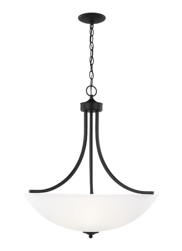 Generation Lighting Geary transitional 4-light LED indoor dimmable ceiling pendant hanging chandelier pendant light in midnight black finish with satin etched glass shade 6616504EN3-112