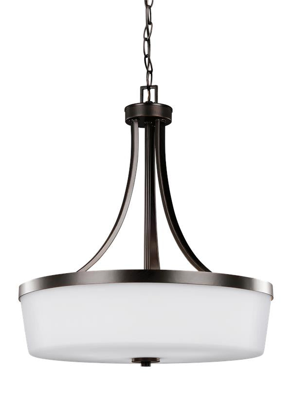 Generation Lighting Hettinger transitional 3-light indoor dimmable ceiling pendant hanging chandelier pendant light in bronze finish with etched white inside glass shade 6639103-710