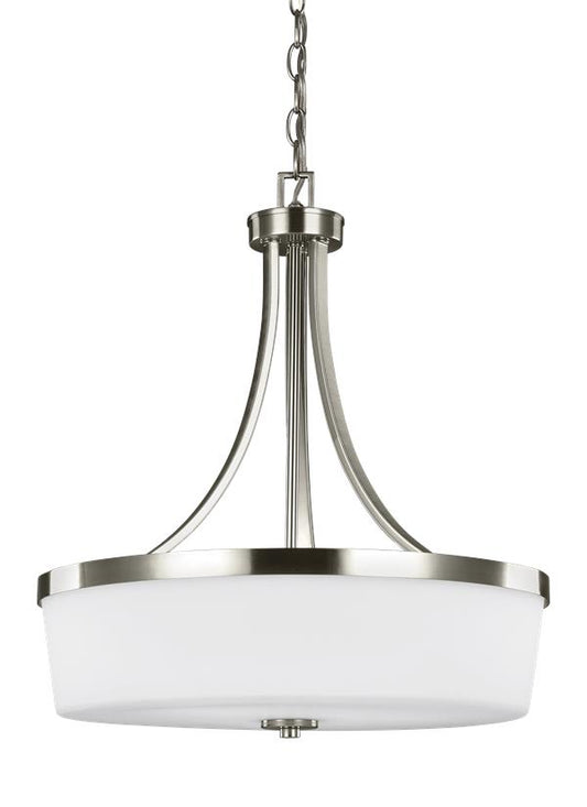 Generation Lighting Hettinger transitional 3-light indoor dimmable ceiling pendant hanging chandelier pendant light in brushed nickel silver finish with etched white inside glass shade 6639103-962