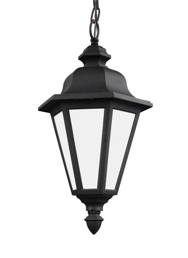 Generation Lighting Brentwood traditional 1-light LED outdoor exterior ceiling hanging pendant in black finish with smooth white glass panels 69025EN3-12