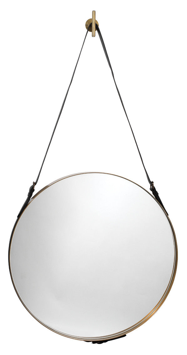 Jamie Young Large Round Mirror in Antique Brass & Black Leather Strap 7ROUN-LGAB