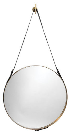 Jamie Young Large Round Mirror in Antique Brass & Black Leather Strap 7ROUN-LGAB