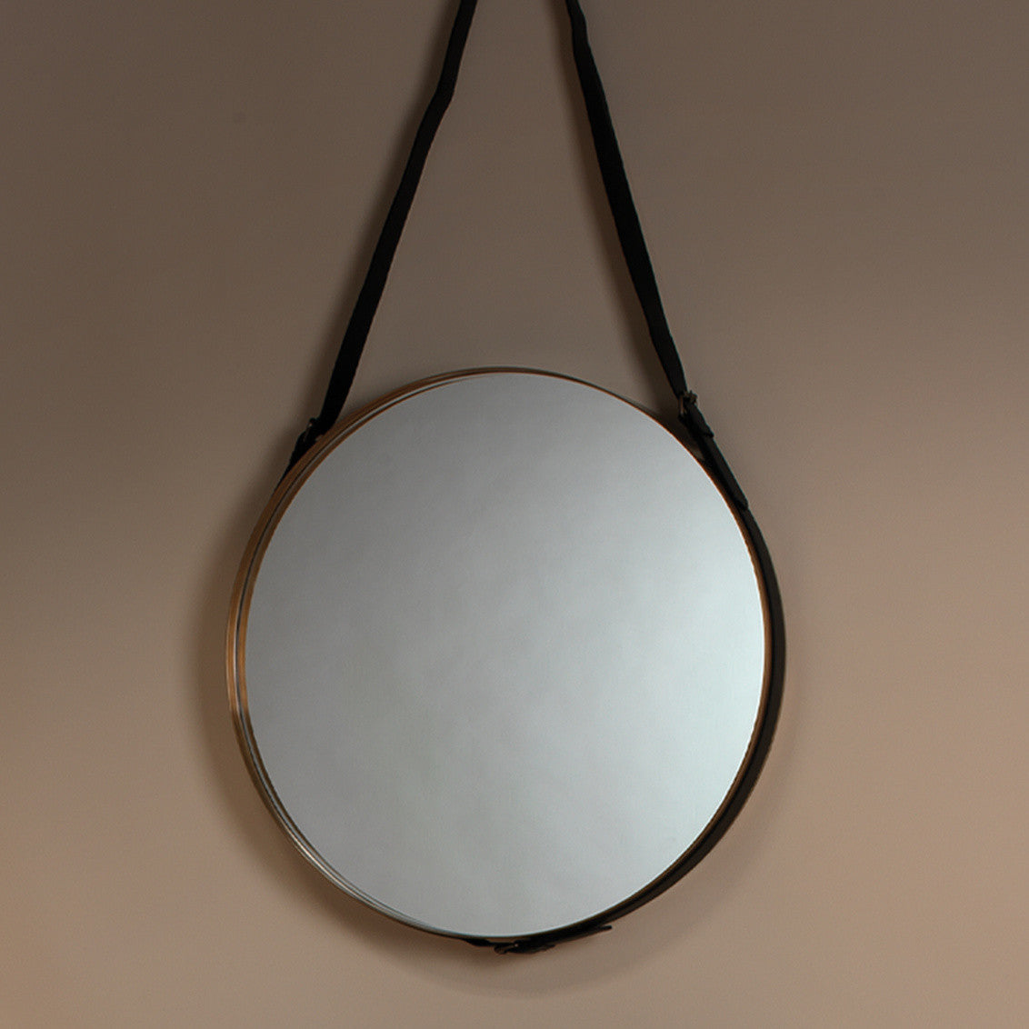 Jamie Young Large Round Mirror in Antique Brass & Black Leather Strap 7ROUN-LGAB