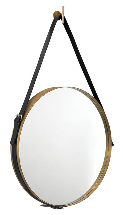 Jamie Young Large Round Mirror in Antique Brass & Black Leather Strap 7ROUN-LGAB