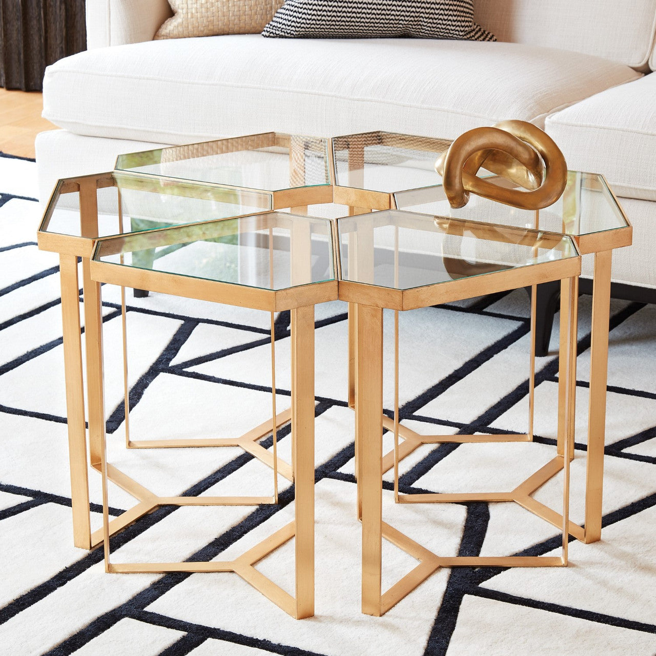 Global Views Tri Hex Table Gold Leaf with Glass Top 8.82339