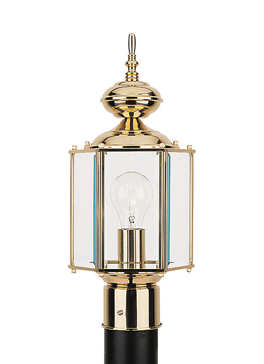 Generation Lighting Classico traditional 1-light outdoor exterior post lantern in polished brass gold finish with clear beveled glass panels 8209-02