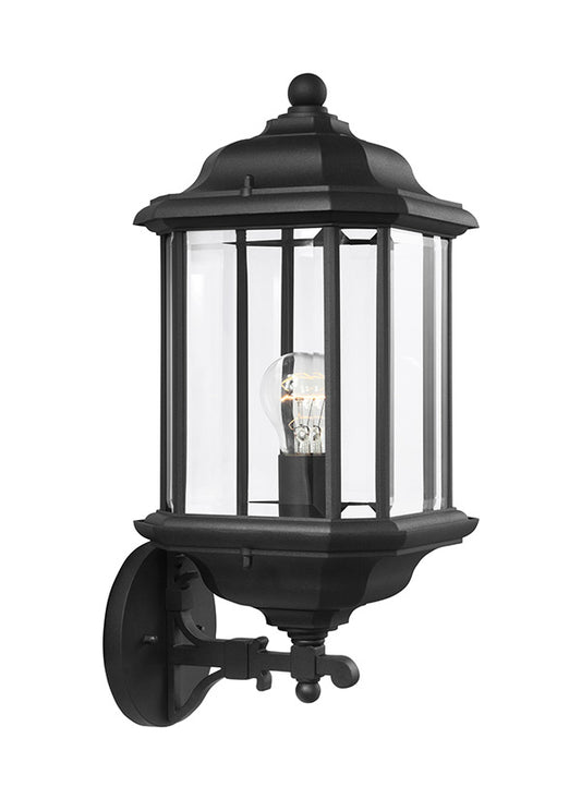 Generation Lighting Kent traditional 1-light outdoor exterior large uplight wall lantern sconce in black finish with clear beveled glass panels 84032-12