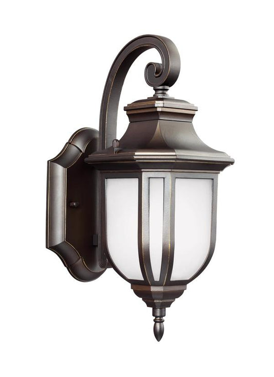 Generation Lighting Childress traditional 1-light outdoor exterior small wall lantern sconce in antique bronze finish with satin etched glass shade 8536301-71