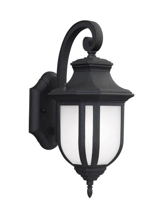 Generation Lighting Childress traditional 1-light outdoor exterior medium wall lantern sconce in black finish with satin etched glass shade 8636301-12