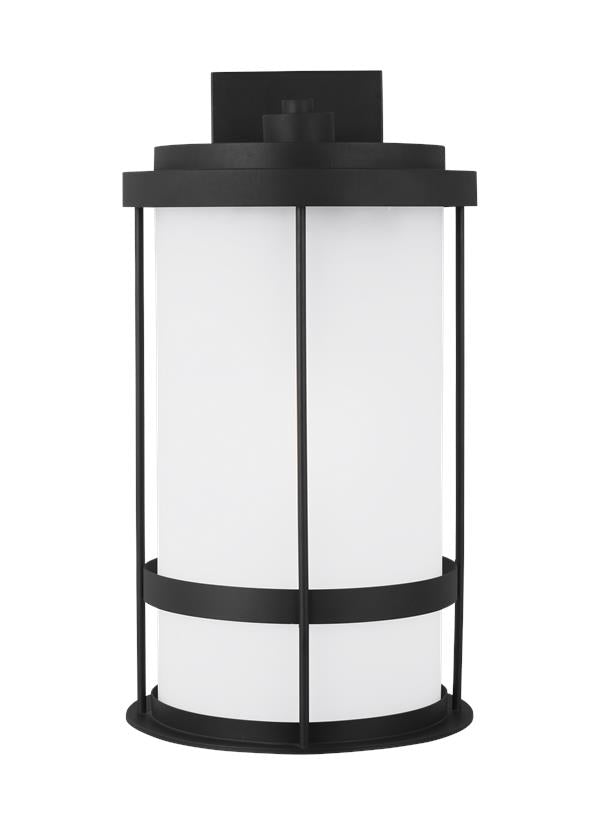 Generation Lighting Wilburn modern 1-light outdoor exterior extra large wall lantern sconce in black finish with satin etched glass shade 8890901-12