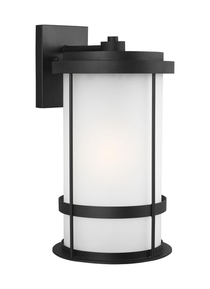 Generation Lighting Wilburn modern 1-light outdoor exterior extra large wall lantern sconce in black finish with satin etched glass shade 8890901-12