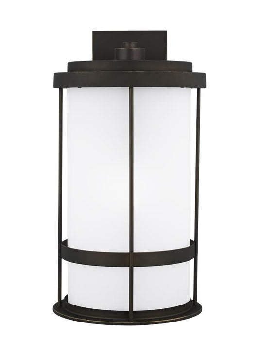 Generation Lighting Wilburn modern 1-light outdoor exterior extra large wall lantern sconce in antique bronze finish with satin etched glass shade 8890901-71