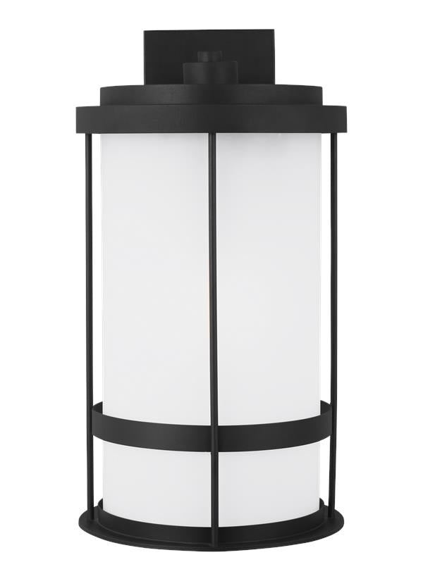 Generation Lighting Wilburn modern 1-light outdoor exterior Dark Sky compliant extra large wall lantern sconce in black finish with satin etched glass shade 8890901D-12