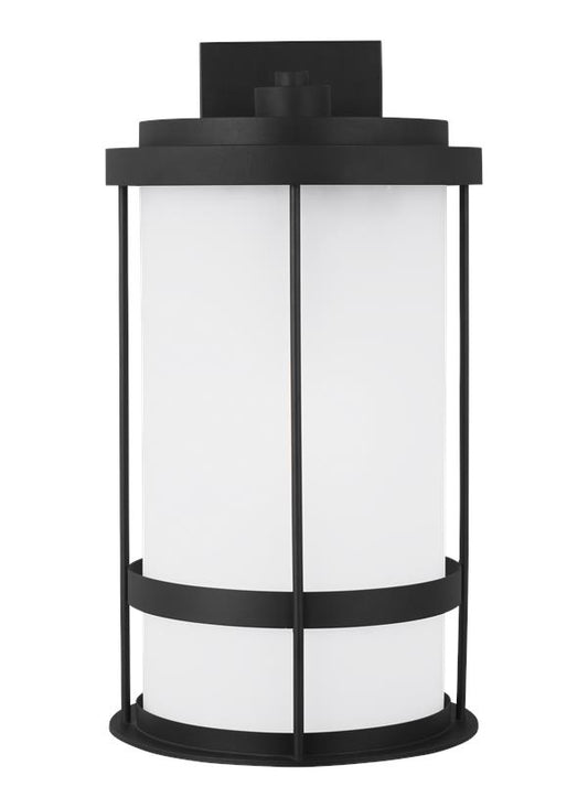 Generation Lighting Wilburn modern 1-light outdoor exterior Dark Sky compliant extra large wall lantern sconce in black finish with satin etched glass shade 8890901D-12