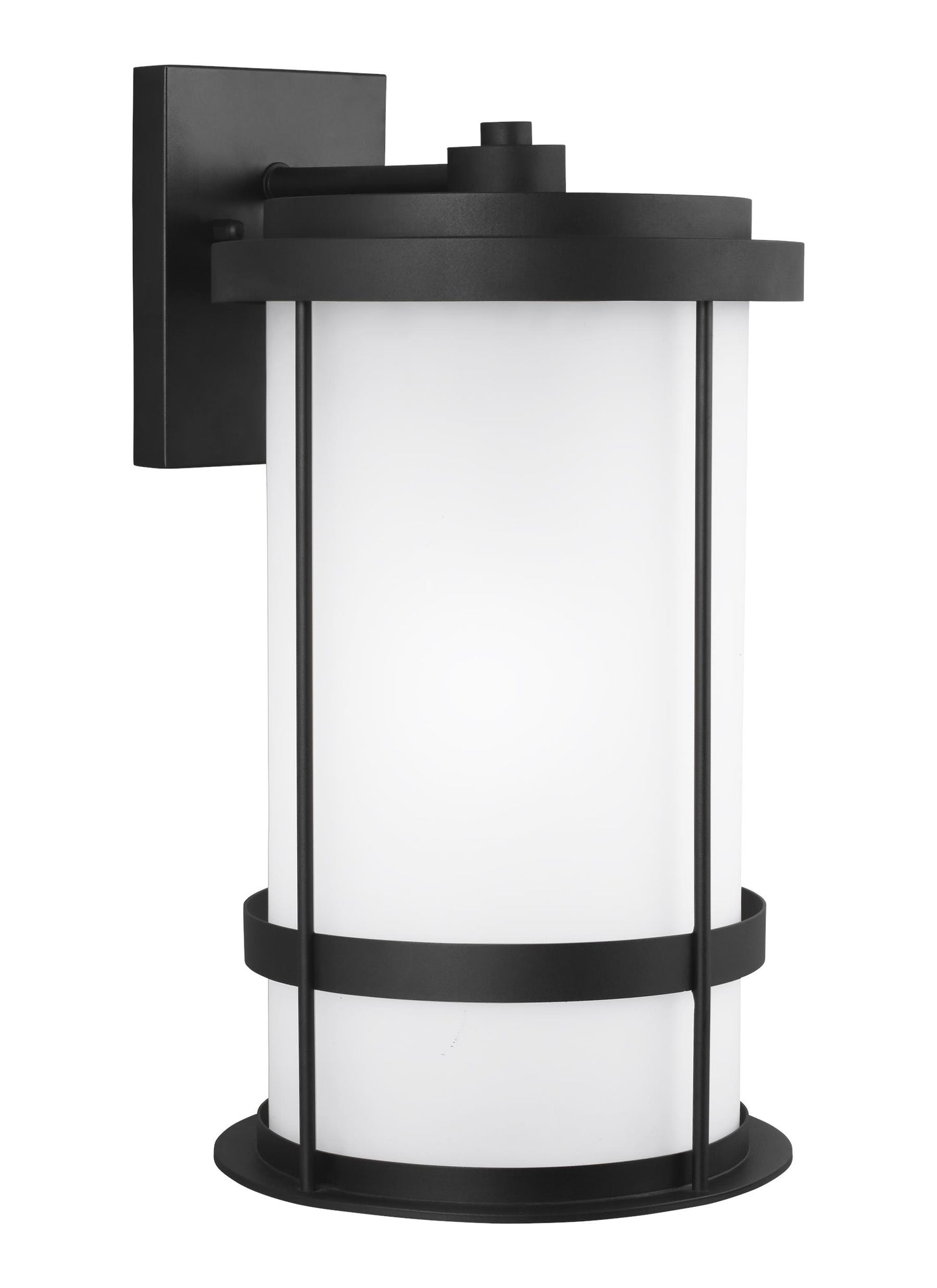 Generation Lighting Wilburn modern 1-light outdoor exterior Dark Sky compliant extra large wall lantern sconce in black finish with satin etched glass shade 8890901D-12