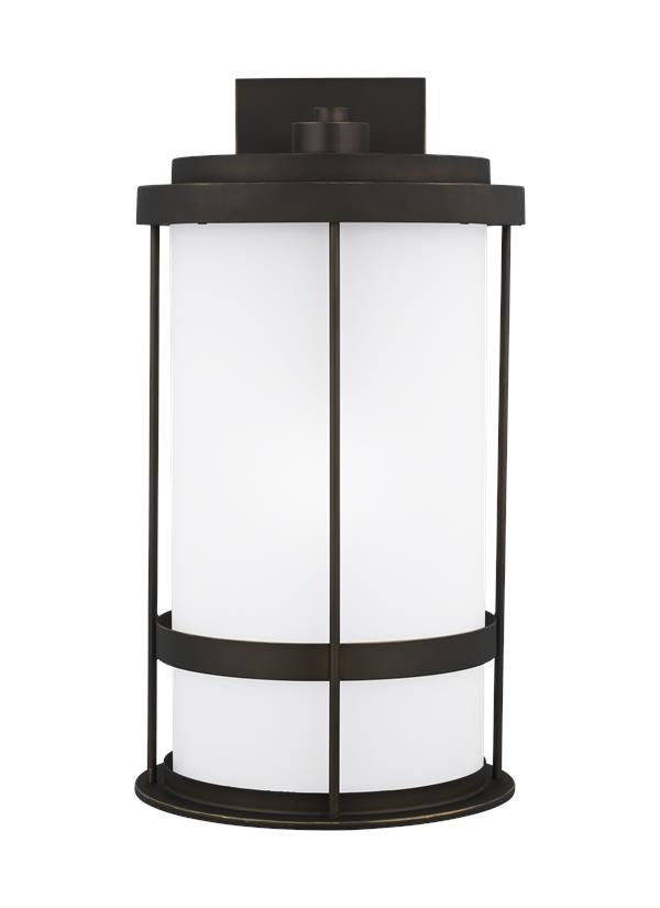 Generation Lighting Wilburn modern 1-light LED outdoor exterior extra large wall lantern sconce in antique bronze finish with satin etched glass shade 8890901EN3-71